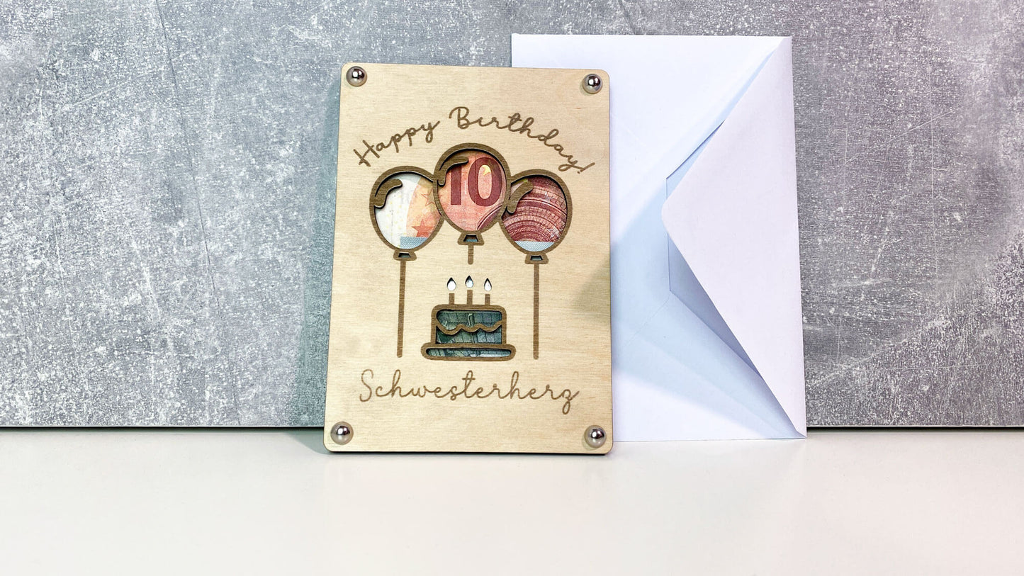 Happy Birthday with Balloons - Wooden Card